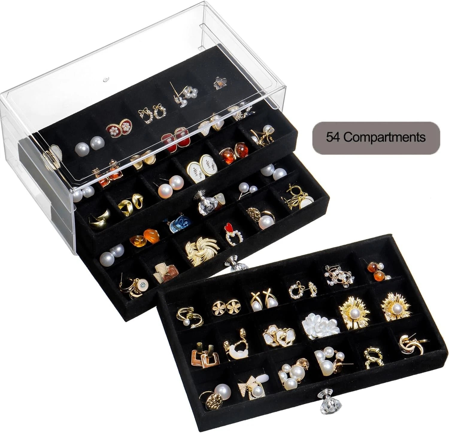 Clear Jewelry Box Earring Organizer Storage Case Velvet 3 Drawer Display Tray | eBay