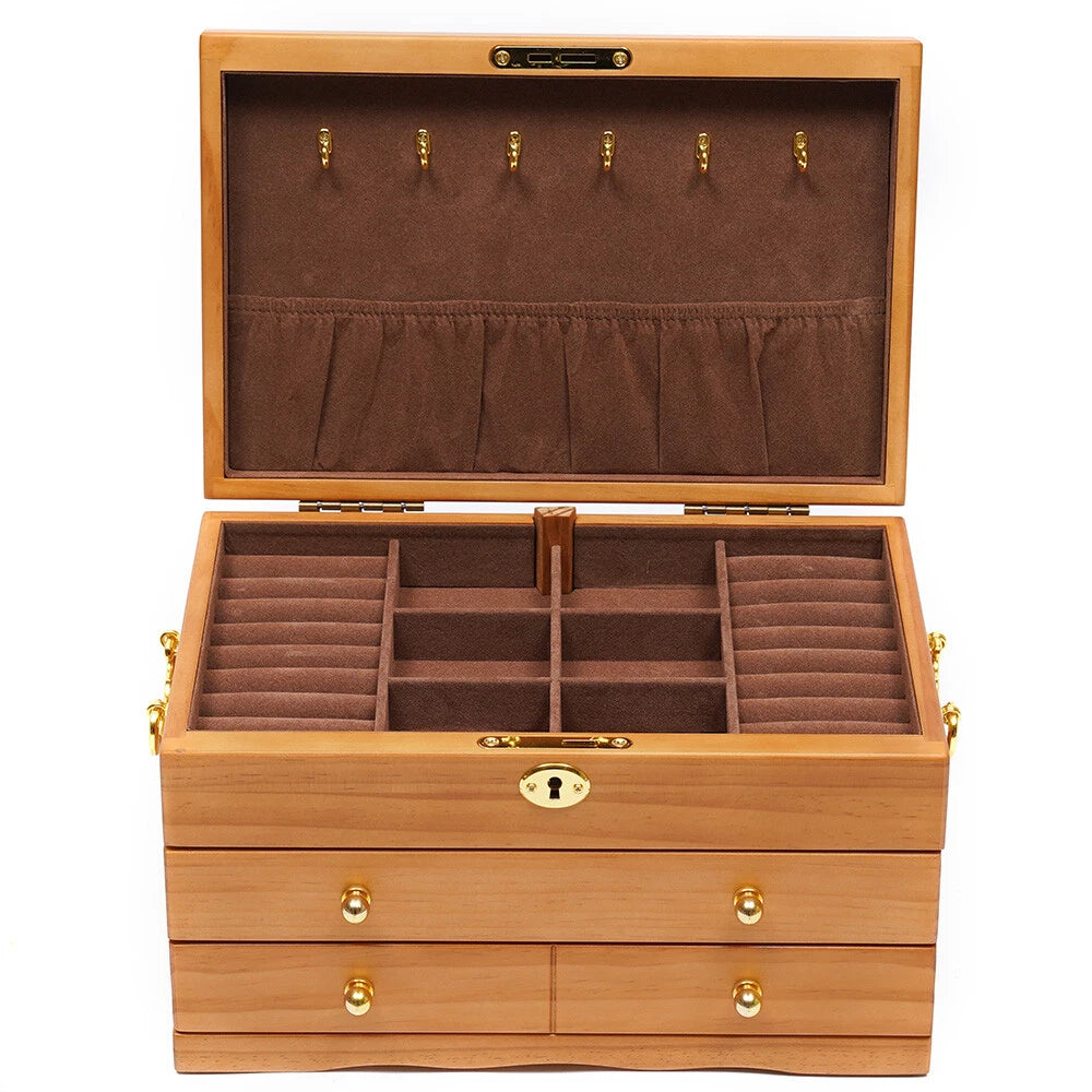 Large Capacity Wooden Jewelry Box 3 Layers W/ Safe Lock Retro Storage Organizer | eBay
