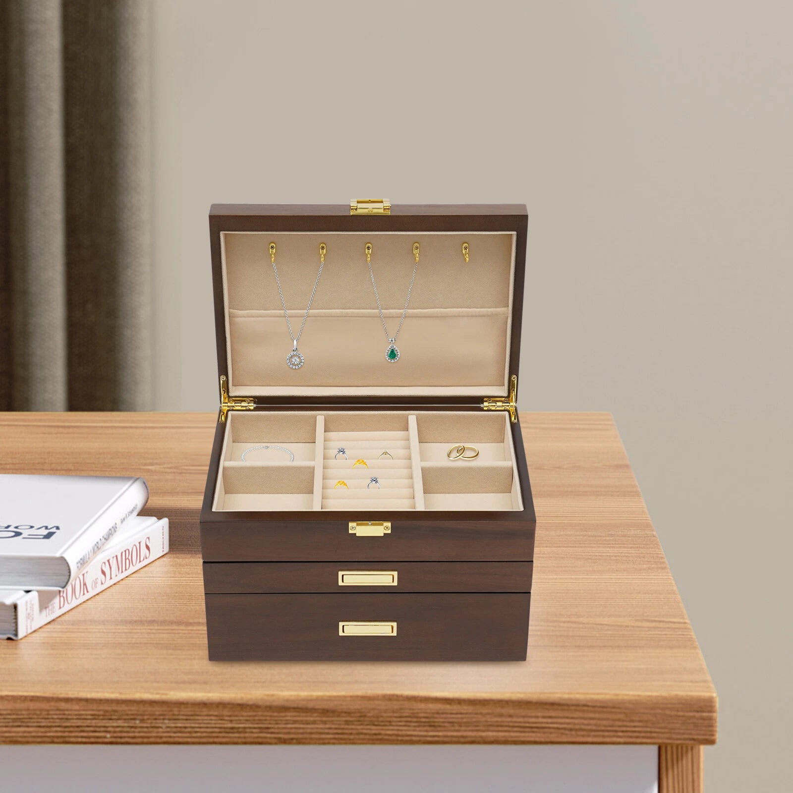 Large Wooden Jewelry Storage Box 3 Layers Organizer 2 Drawers Cabinet | eBay