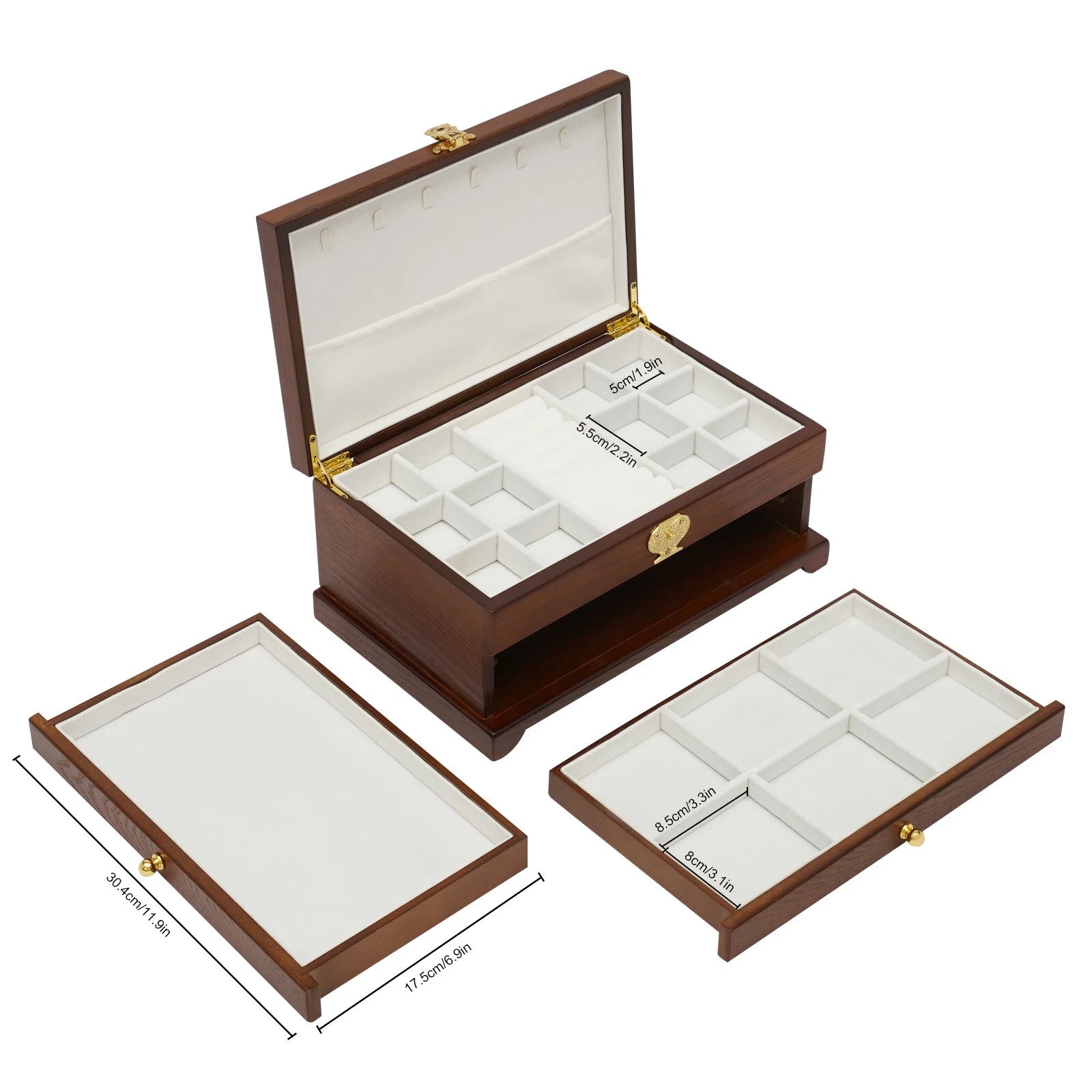 Large Wooden Jewelry Storage Box 3 Layers Organizer 2 Drawers Cabinet | eBay