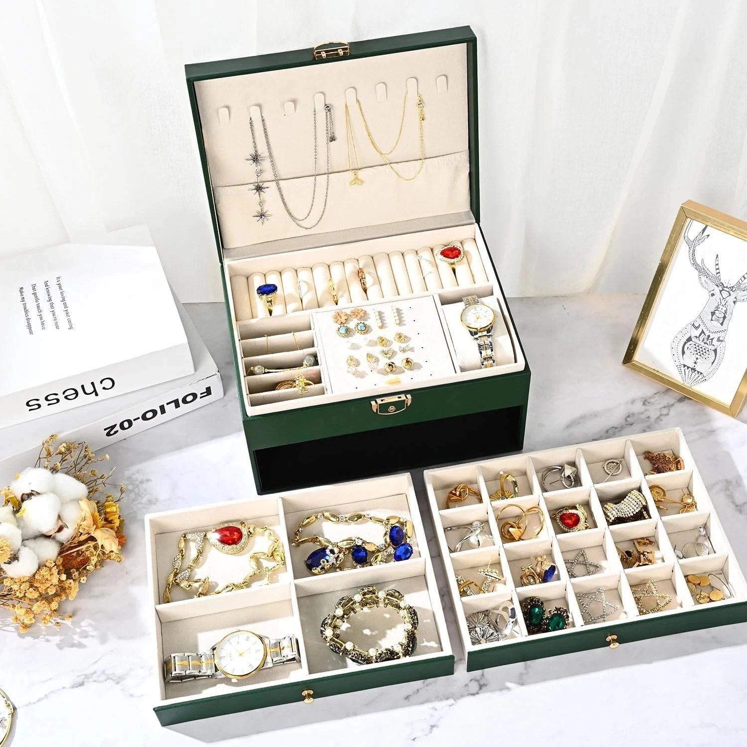 3 Layers Jewelry Box Organizer Earrings Bracelets Rings Watches Storage Case | eBay