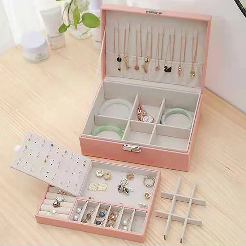 JEWELRY BOX 2-LAYER ORGANIZER CASE LARGE STORAGE NECKLACE RING LEATHER BRAND NEW | eBay