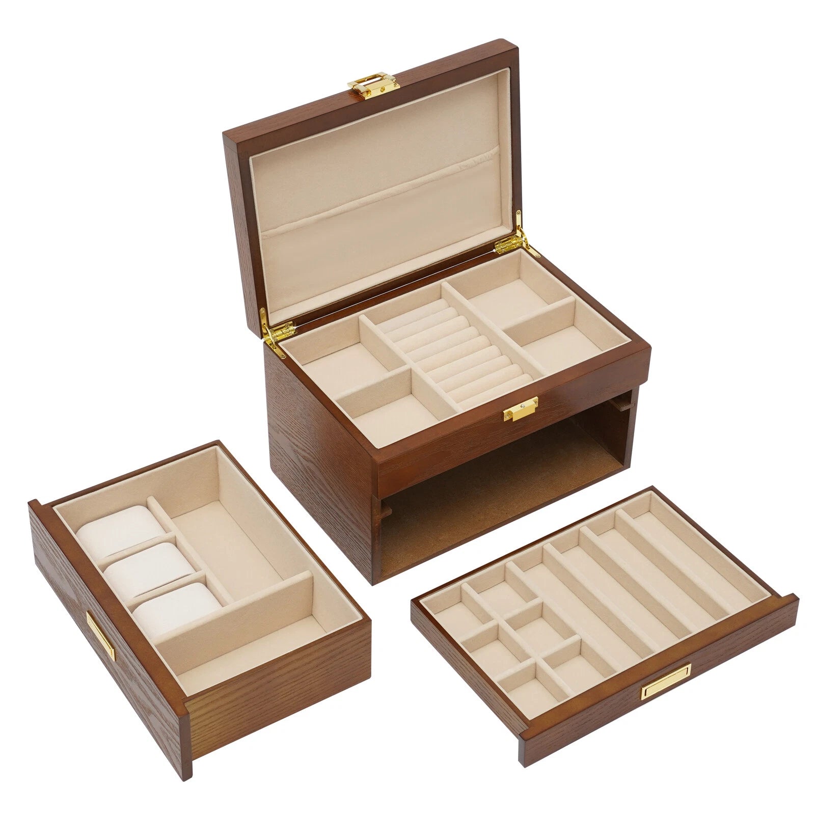 Large Wooden Jewelry Storage Box 3 Layers Organizer 2 Drawers Cabinet | eBay