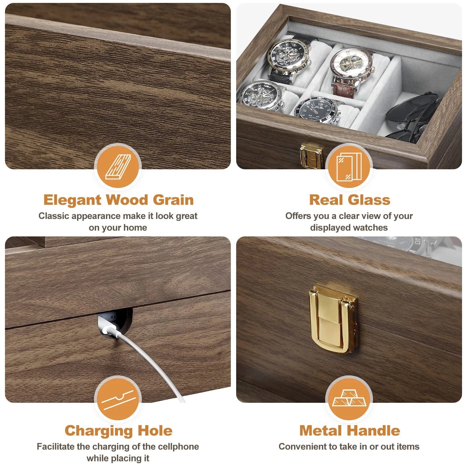 Watch Box For Men Jewelry Organizer With Real Glass Case Ring Bracelet Necklce | eBay