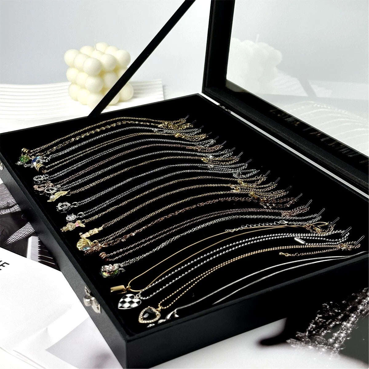 Black 20 Hooks Velvet Necklace Organizer Box Necklace Holder Tray with Clear Lid | eBay