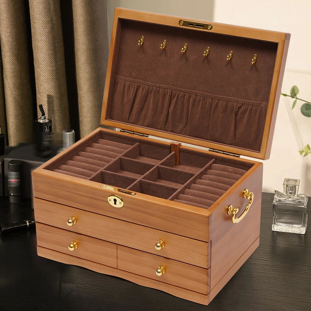 Large Capacity Wooden Jewelry Box W/ Safe Lock 3 Layers Retro Storage Organizer | eBay