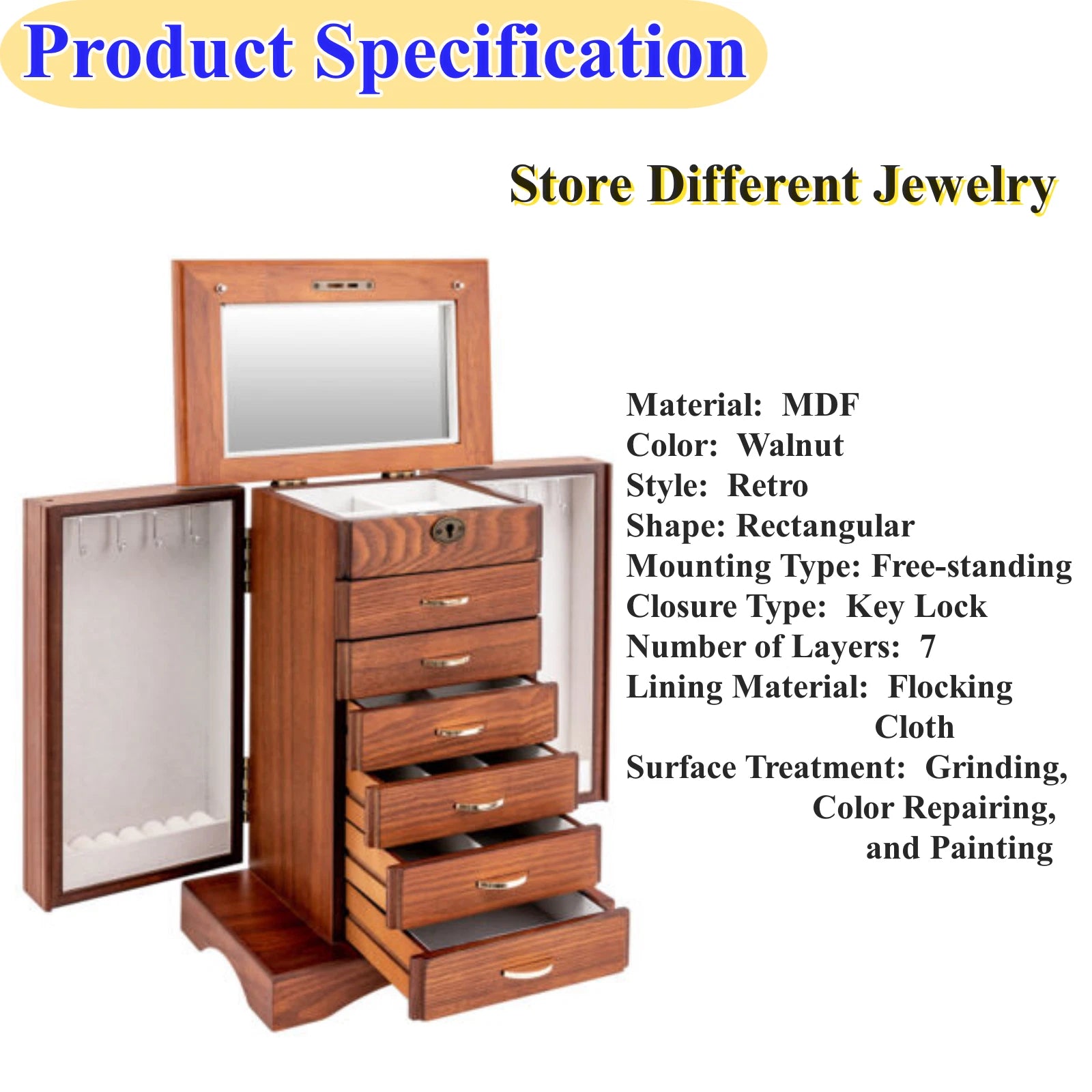 7 Layers Jewelry Box Wooden for Wowen Large Organizer Box with Mirror Safe Lock | eBay