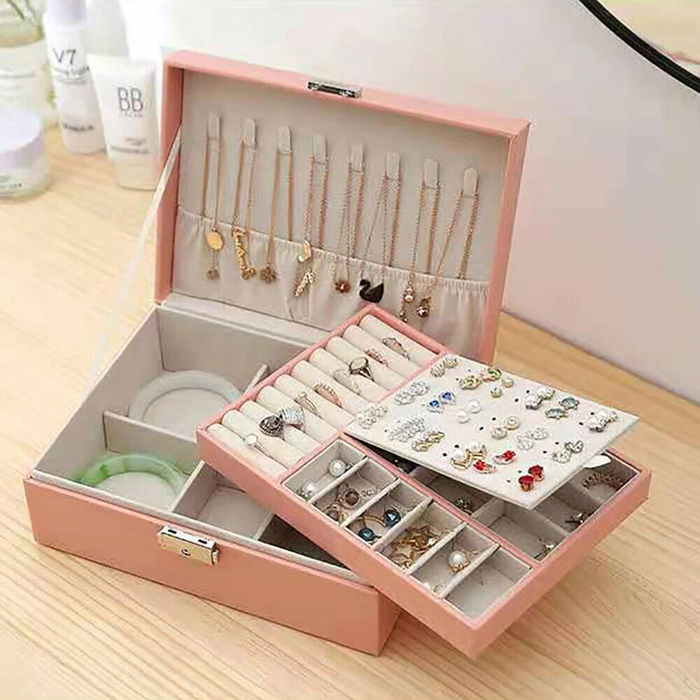 Jewelry Box 2-Layer Organizer Case Large Storage Necklace Ring Organizer Leather | eBay
