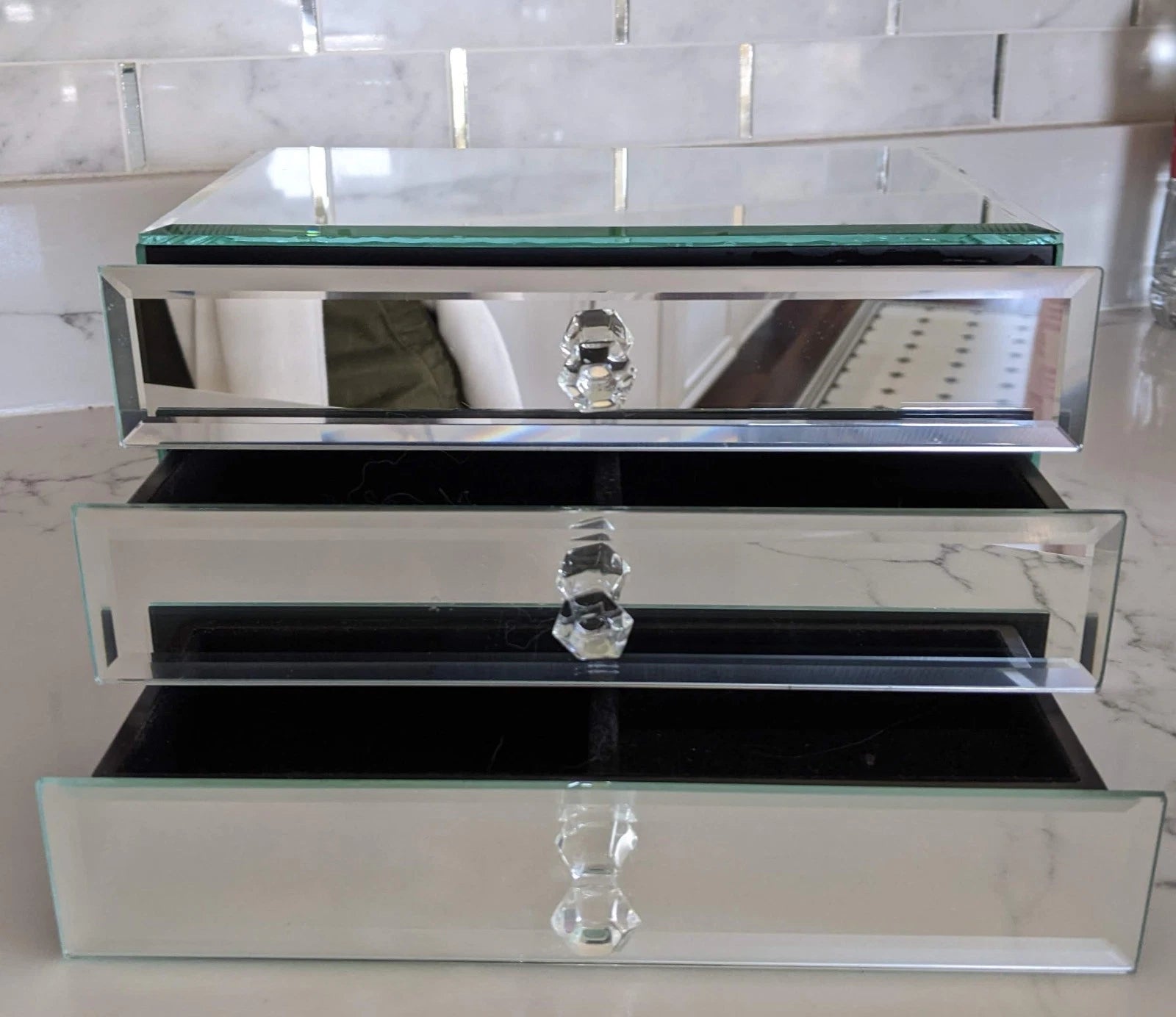 Large Luxury Mirrored Jewelry Box Beveled Edges / lined / 3 Drawers 9"x6"x5.5" | eBay