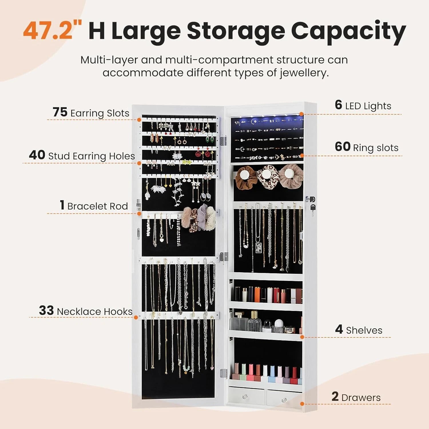 Jewelry Cabinet Lockable Storage Full-Length Mirror Wall Door Mount Organizer | eBay