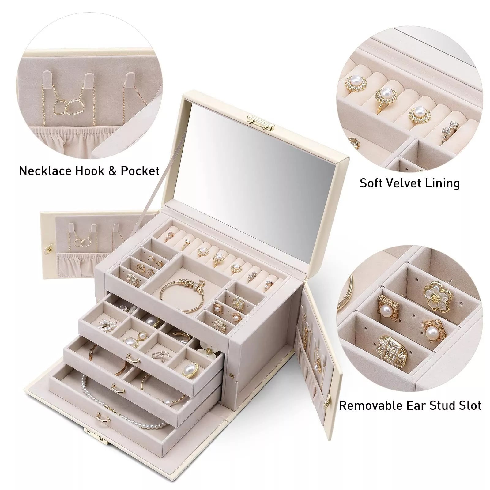 Velvet Jewelry Organizer Box for Women, Large Leather Jewelry Storage Box with L | eBay