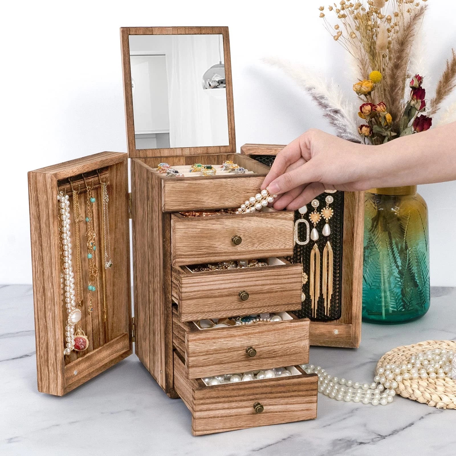 Jewelry Box Wood for Women, 5-Layer Large Organizer Box with Mirror & 4 Drawe... | eBay