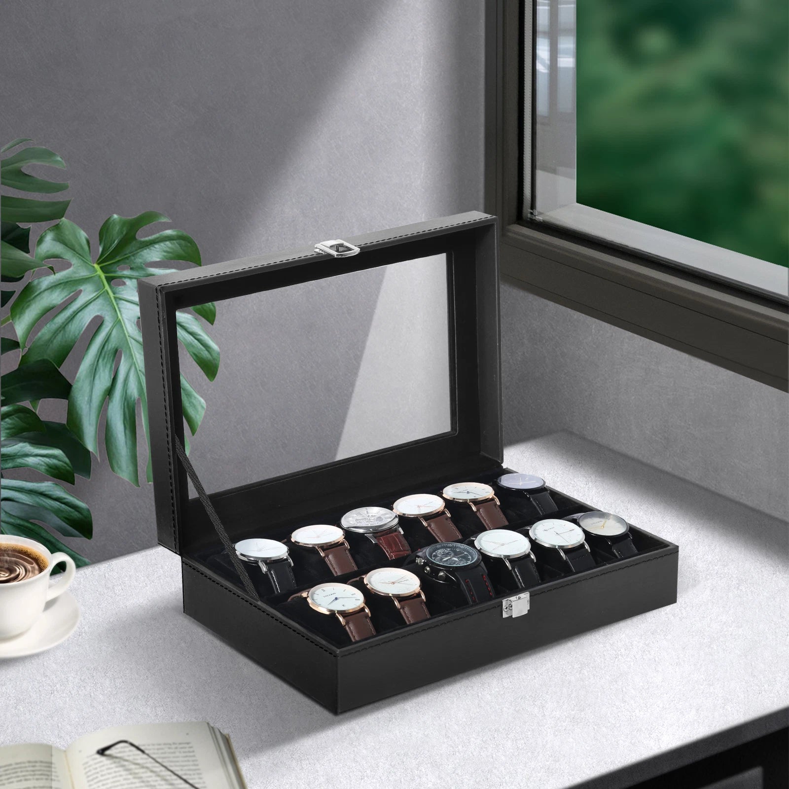 Watch Box Case Organizer Watches Holder Jewelry Storage Top Glass Display Gift | eBay