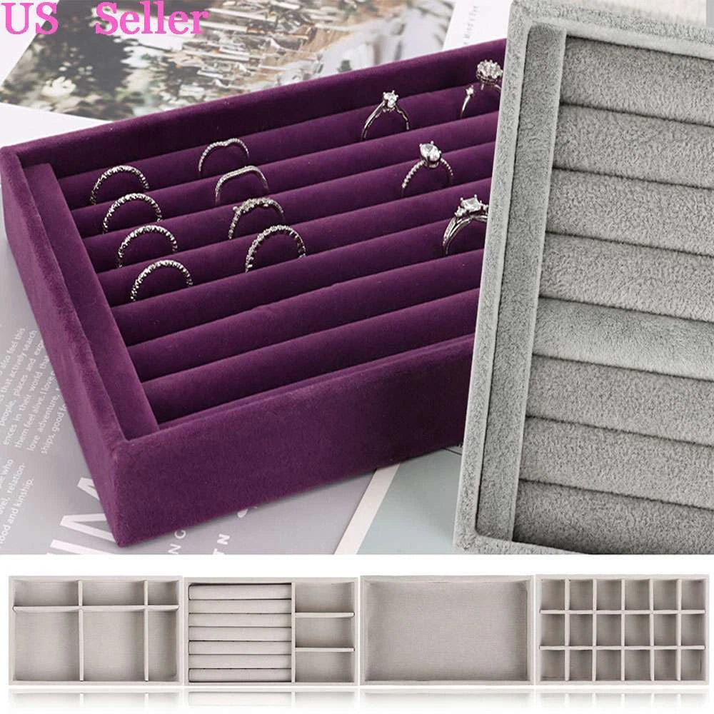 Velvet Jewelry Ring Display Organizer Tray Holder Box Earring Storage Case Large | eBay