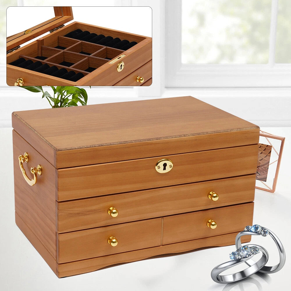 Large Capacity Wooden Jewelry Box W/ Safe Lock 3 Layers Retro Storage Organizer | eBay