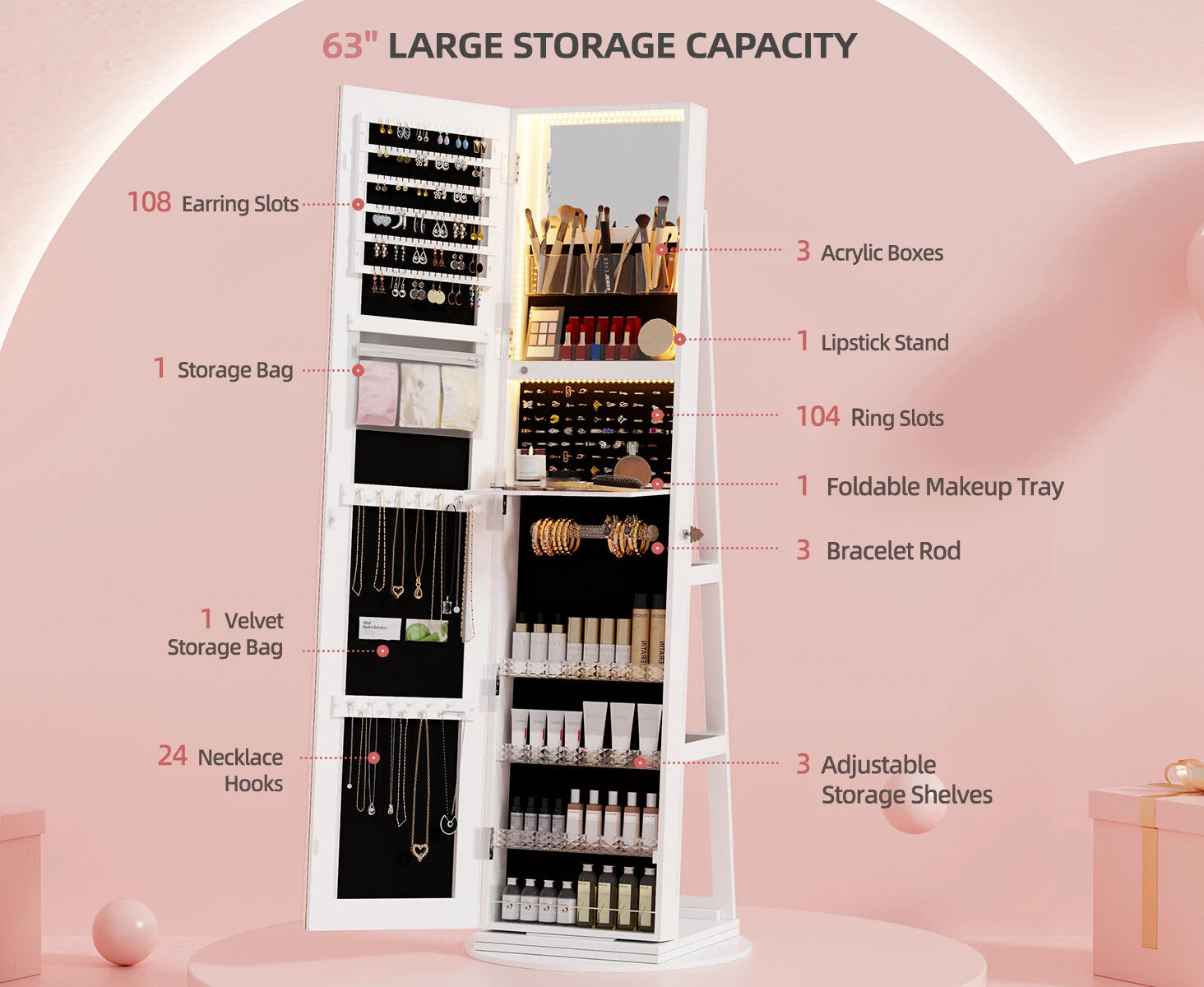 360° Swivel Jewelry Cabinet with Back Storage Shelves Full Length Mirror | eBay