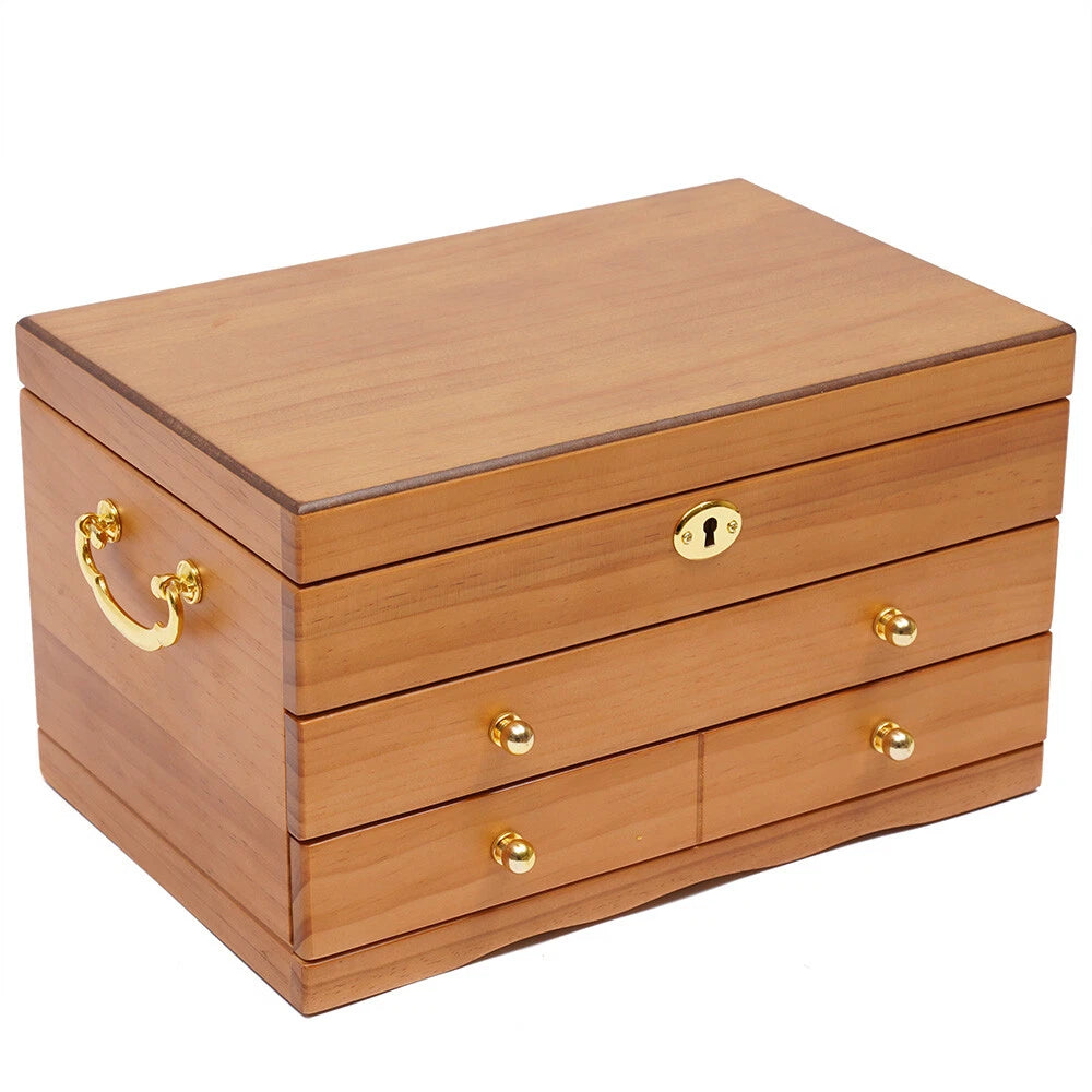 Large Capacity Wooden Jewelry Box 3 Layers W/ Safe Lock Retro Storage Organizer | eBay