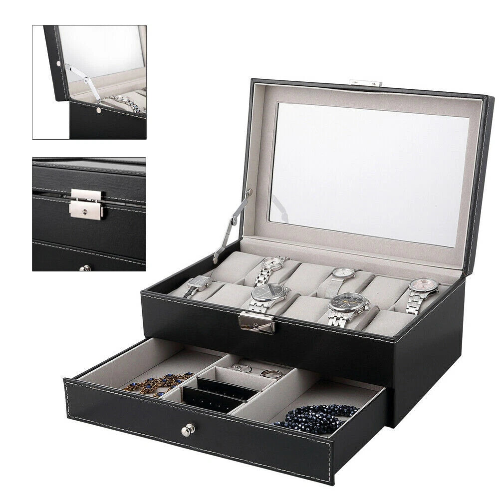 Watch Box Case Organizer Watches Holder Jewelry Storage Top Glass Display Gift | eBay
