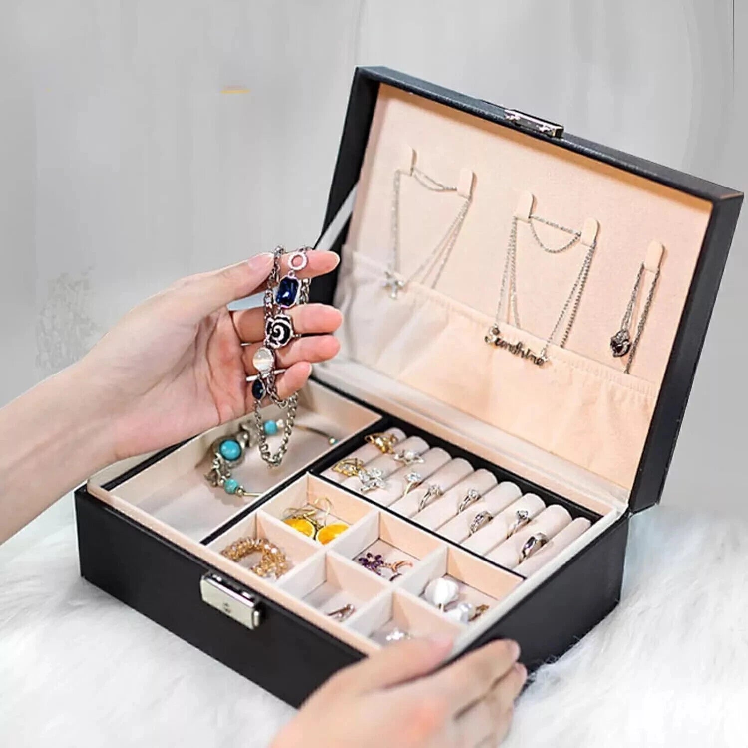 Jewelry Boxes for Women Jewelry Box Organizer 2 Layer PU Leather Display | eBay