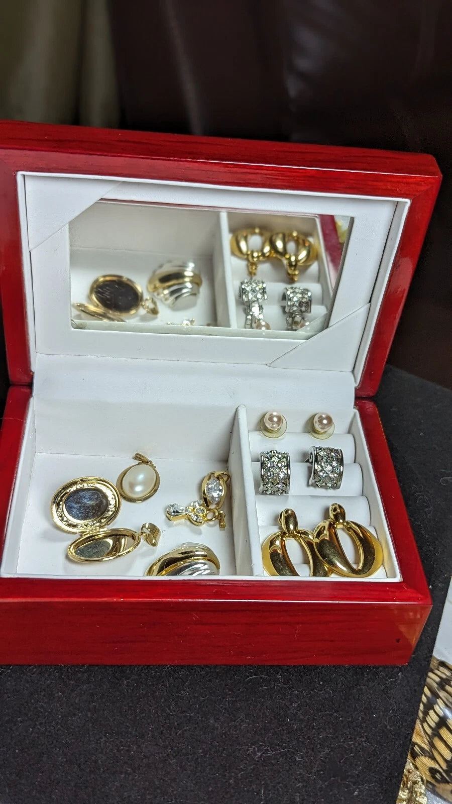 Red Lacquered Wood Travel Jewelry Box Mirrored 8 PC Goldtone Silvertone Jewelry | eBay