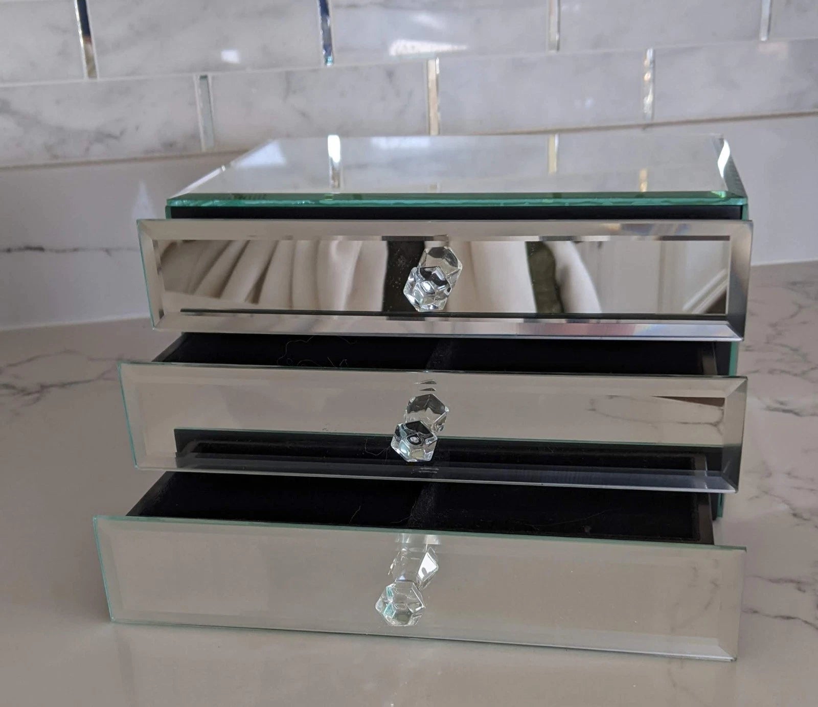 Large Luxury Mirrored Jewelry Box Beveled Edges / lined / 3 Drawers 9"x6"x5.5" | eBay