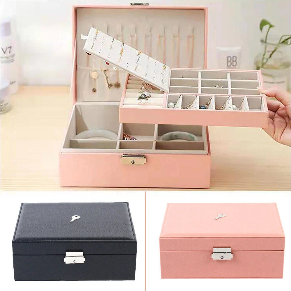 Jewelry Box 2-Layer Organizer Case Large Storage Necklace Ring Organizer Leather | eBay