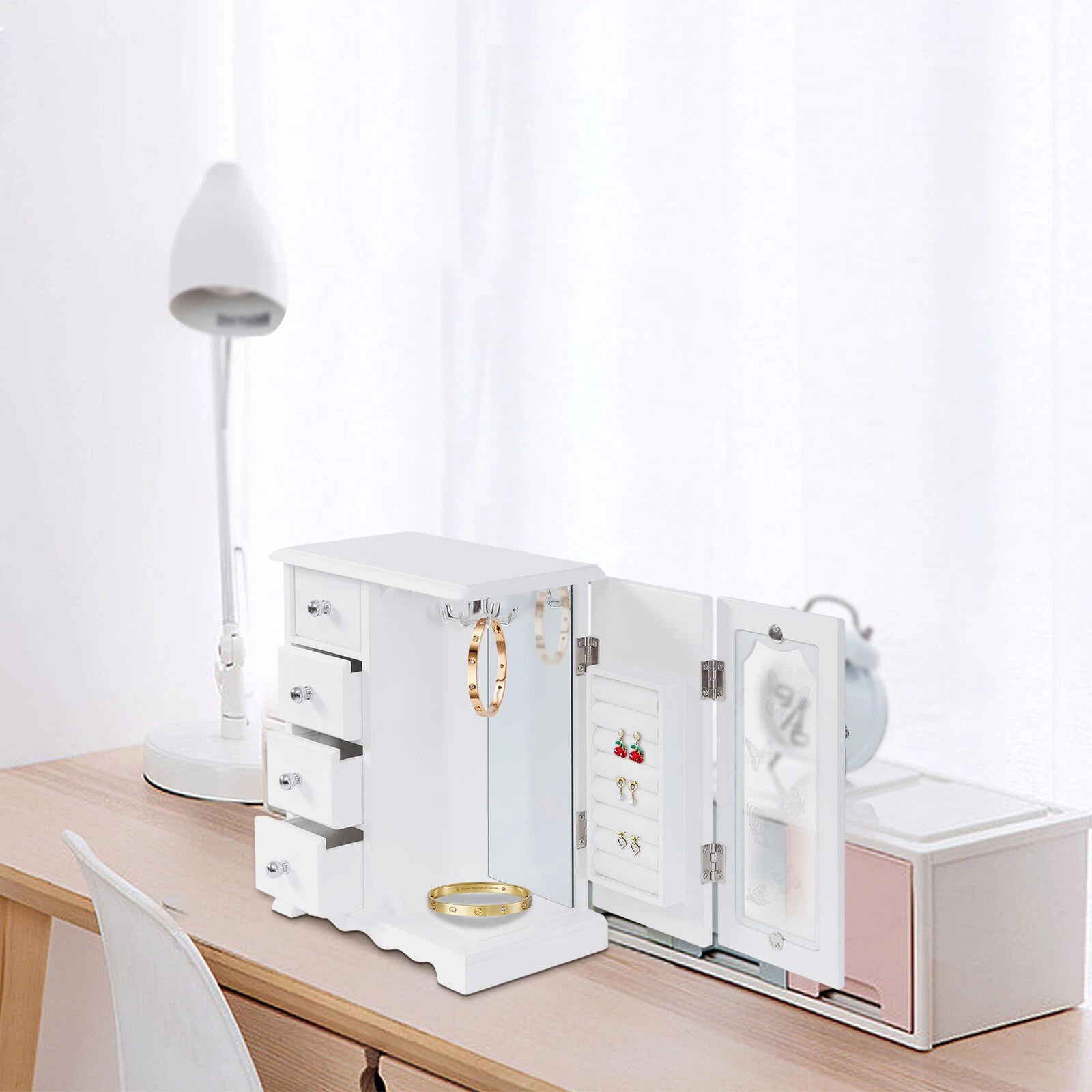 Women Gift Jewelry Wood Box 4 Drawers Organizer Velvet Built-in Mirror Bedroom | eBay