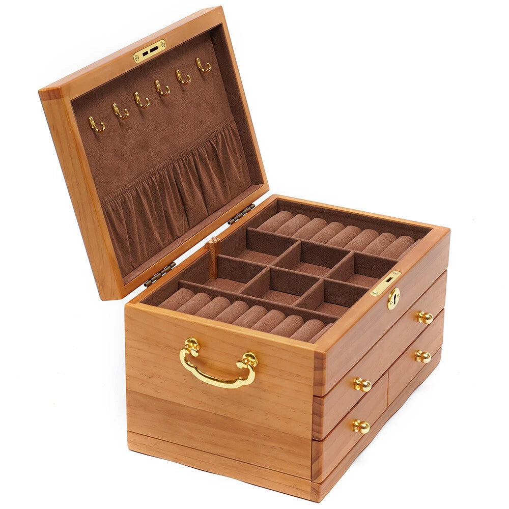 Large Capacity Wooden Jewelry Box 3 Layers W/ Safe Lock Retro Storage Organizer | eBay