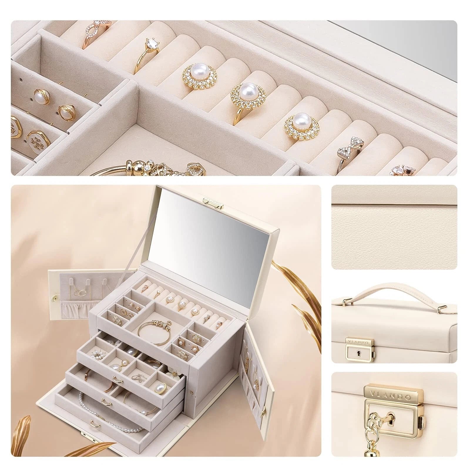 Velvet Jewelry Organizer Box for Women, Large Leather Jewelry Storage Box with L | eBay