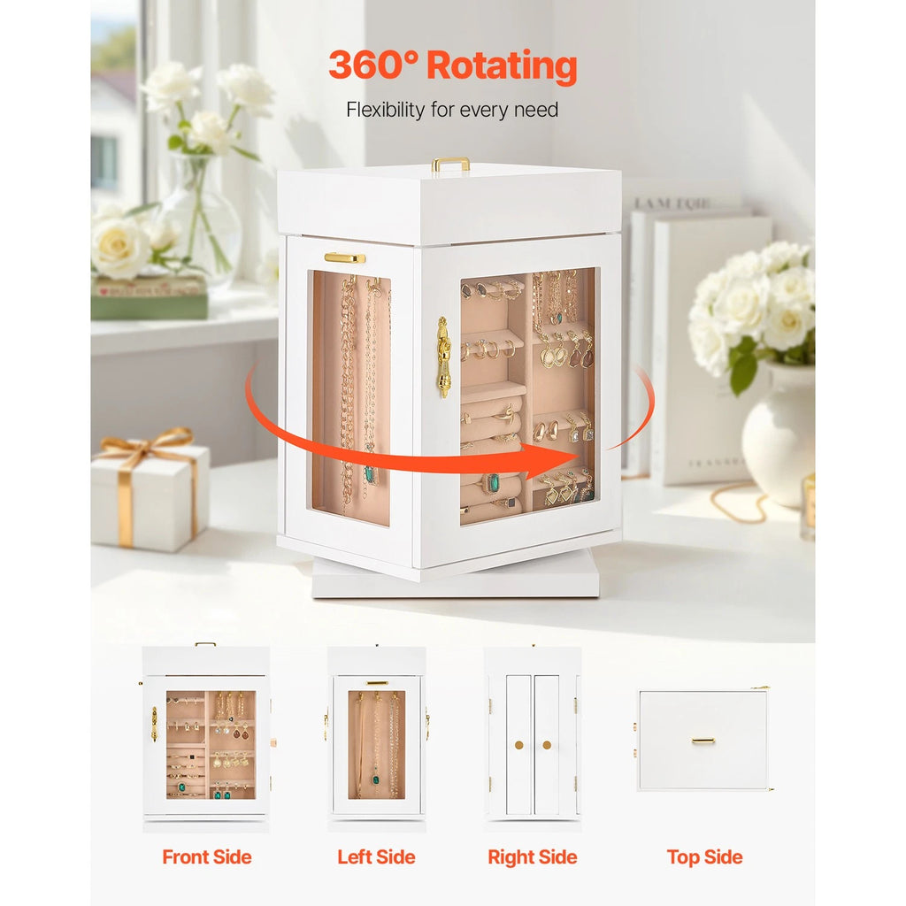Jewelry Box 360° Rotating Jewelry Organizer with Built-in 4 Necklace Hooks White | eBay