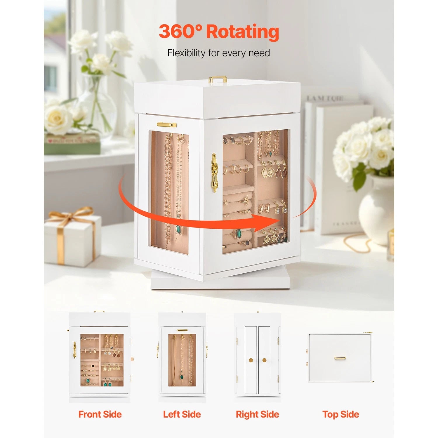 Jewelry Box 360° Rotating Jewelry Organizer with Built-in 4 Necklace Hooks White | eBay