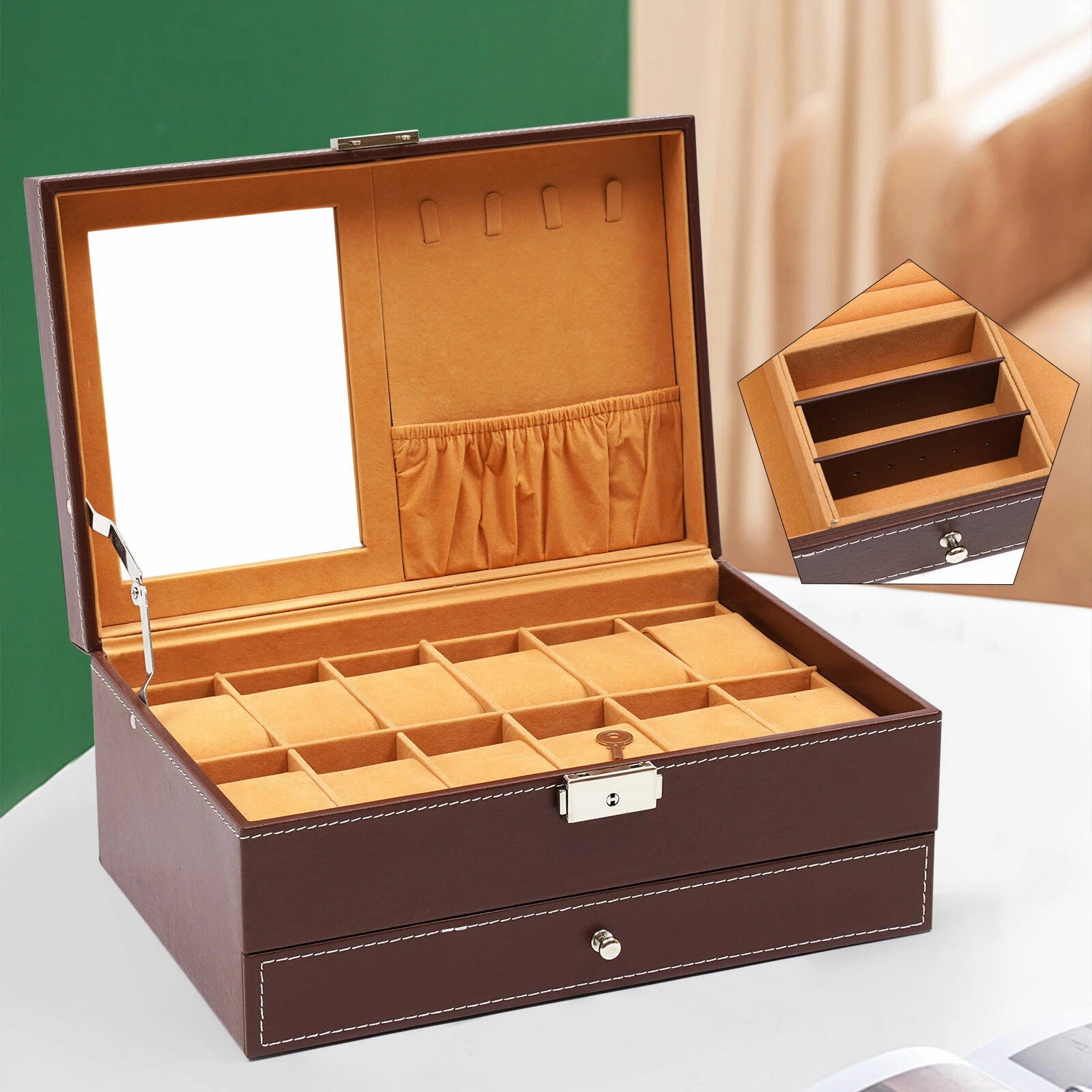 12 Slots Watch Box Case Organizer Women Jewelry Storage Holder Display w/Mirrior | eBay