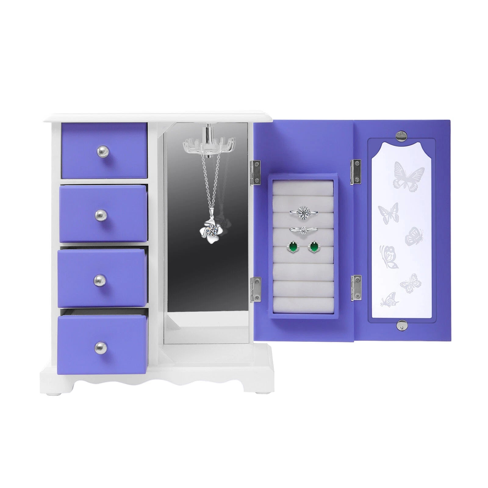Jewelry Box Bracelets Rings Storage Organizer 4 Drawers Purple w/Built-in Mirror | eBay