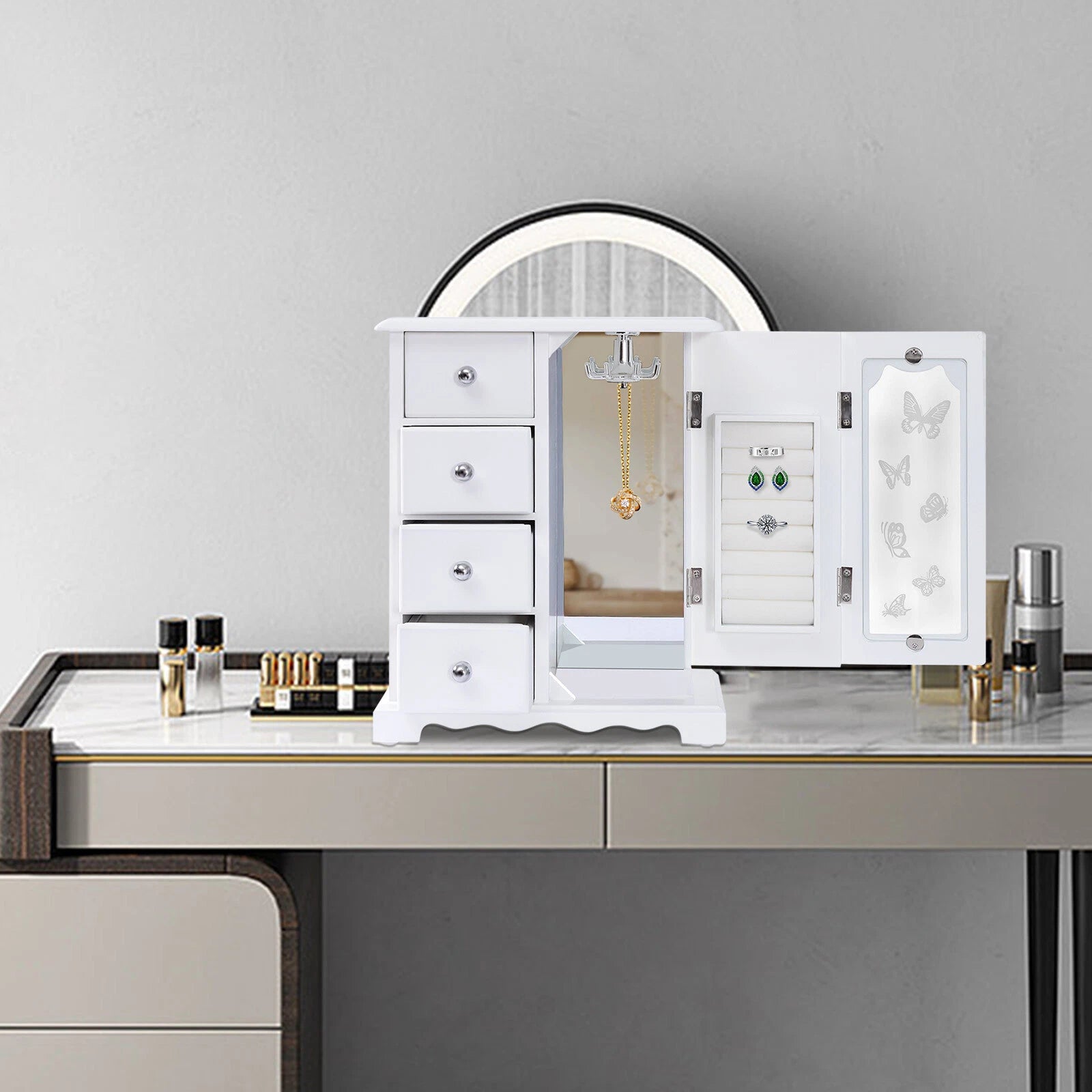 Wooden 4 Drawers Jewelry Box W/ Mirror Storage Organizer Drawers White For Women | eBay
