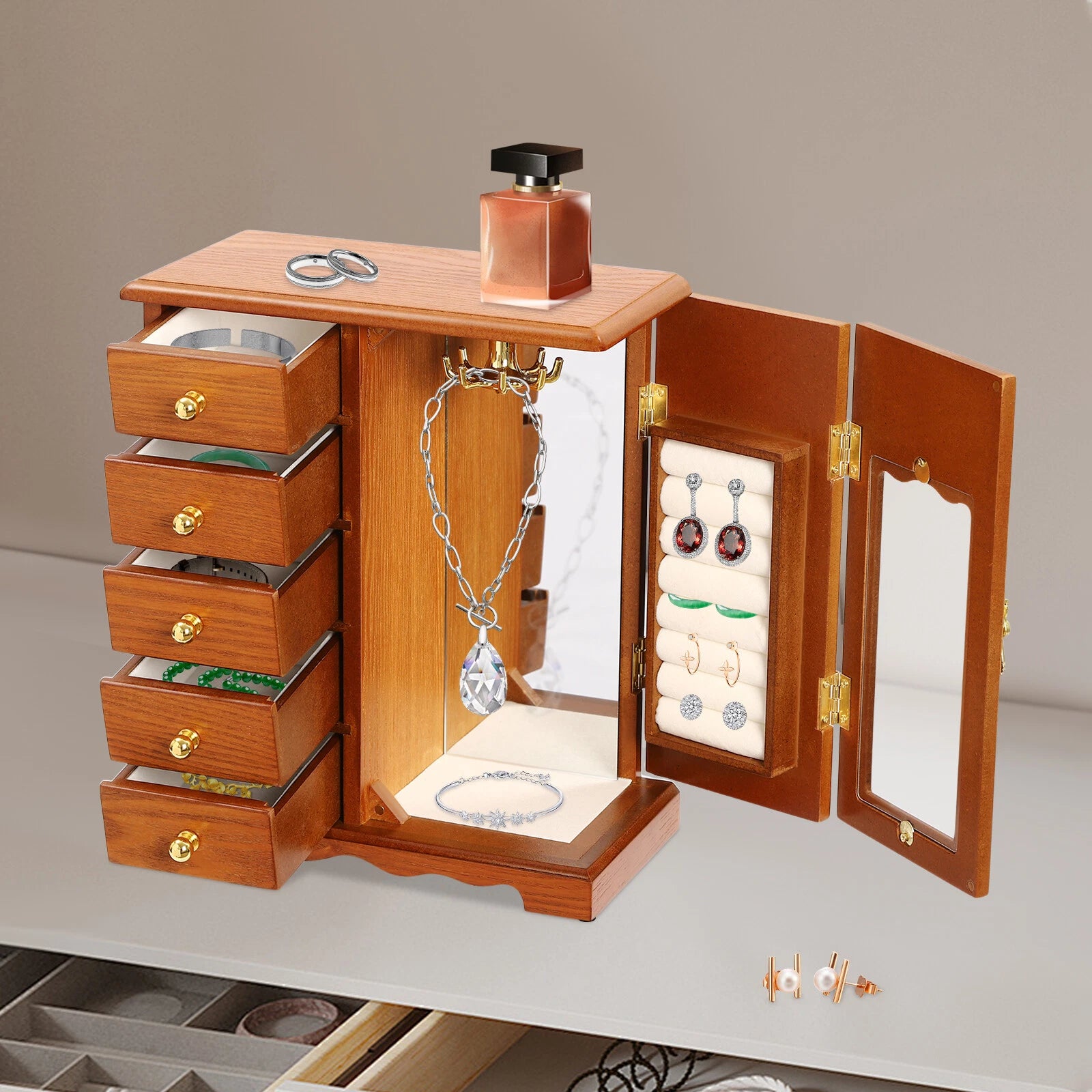 Wooden Jewelry Box Jewelry Storage Cabinet Organizer Mirror With 5 Drawers | eBay