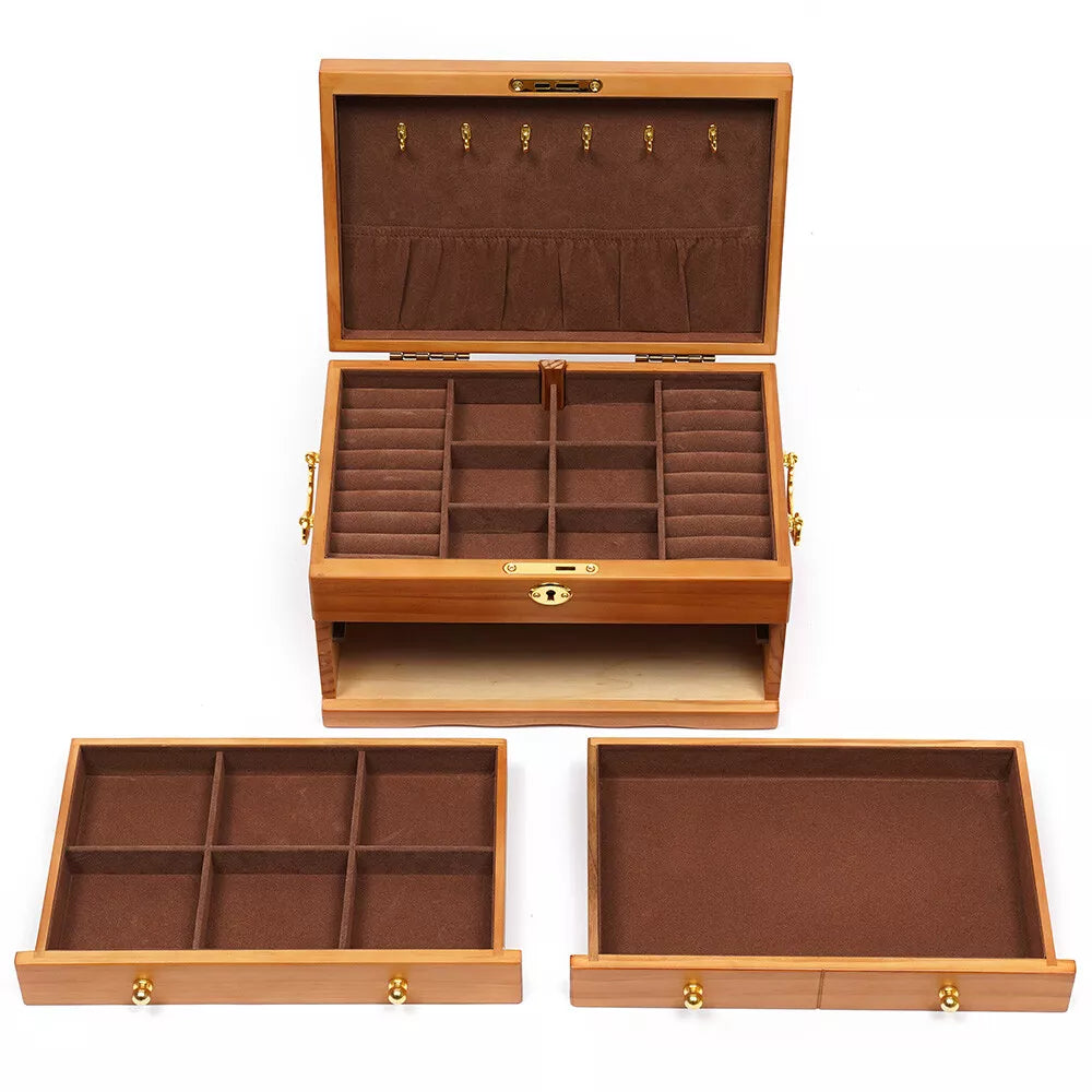 Large Capacity Wooden Jewelry Box 3 Layers W/ Safe Lock Retro Storage Organizer | eBay