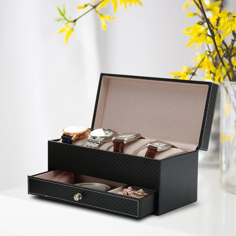 4-Slot Watch Box For Men Leather Display Case Holder Organizer Jewelry Storage | eBay