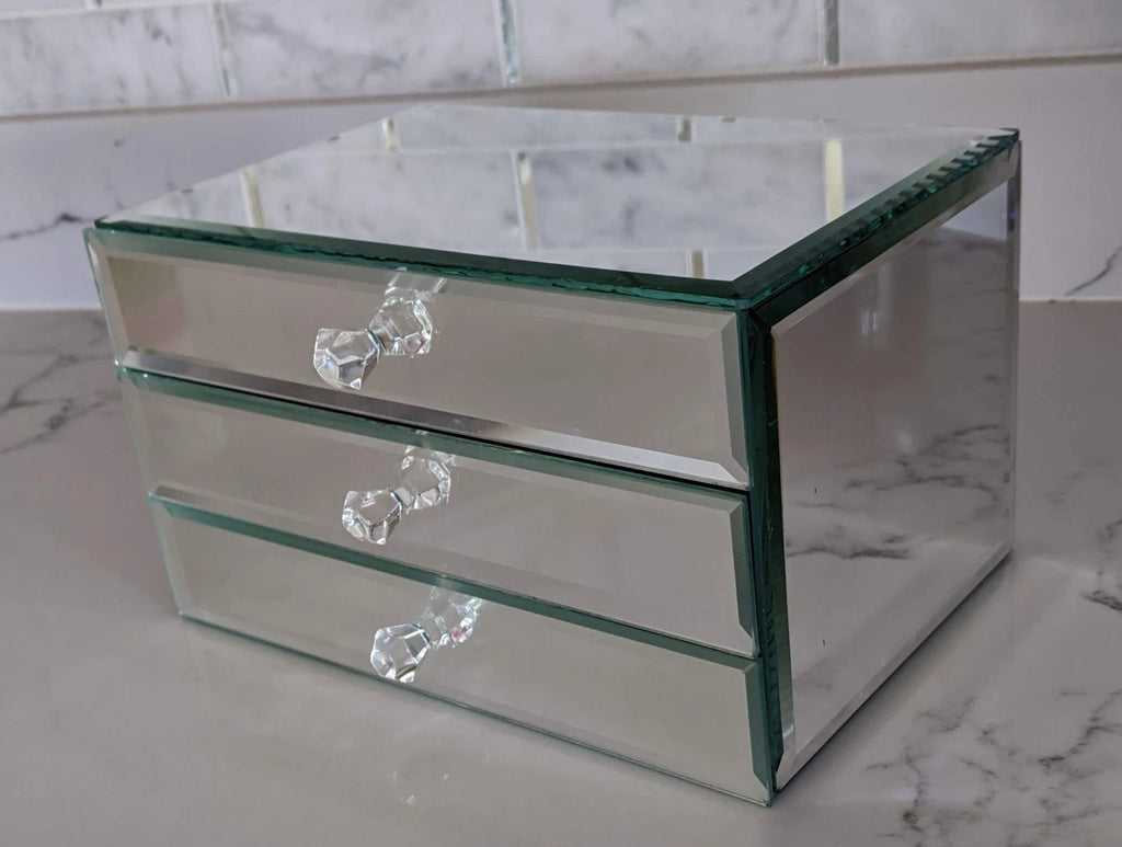 Large Luxury Mirrored Jewelry Box Beveled Edges / lined / 3 Drawers 9"x6"x5.5" | eBay
