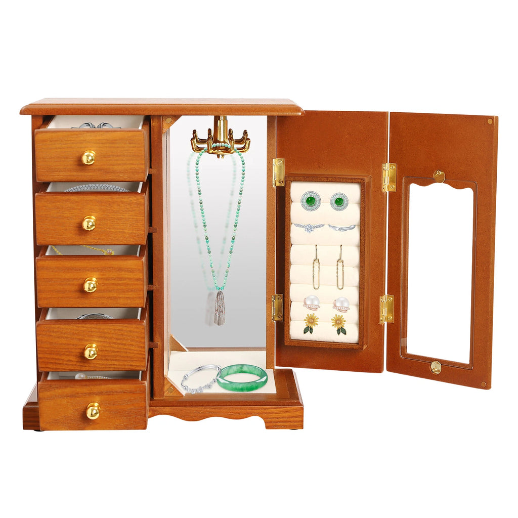 Wooden Jewelry Box Jewelry Storage Cabinet Organizer Mirror With 5 Drawers | eBay