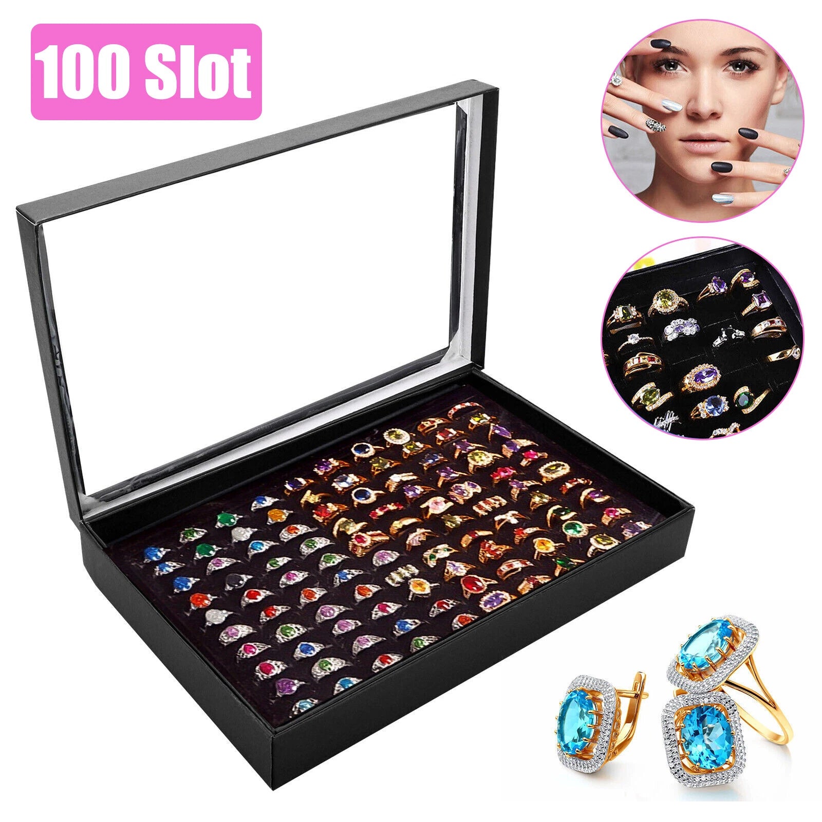 100 Slots Jewelry Ring Display Organizer Tray Holder Earrings Storage Boxes Case | eBay