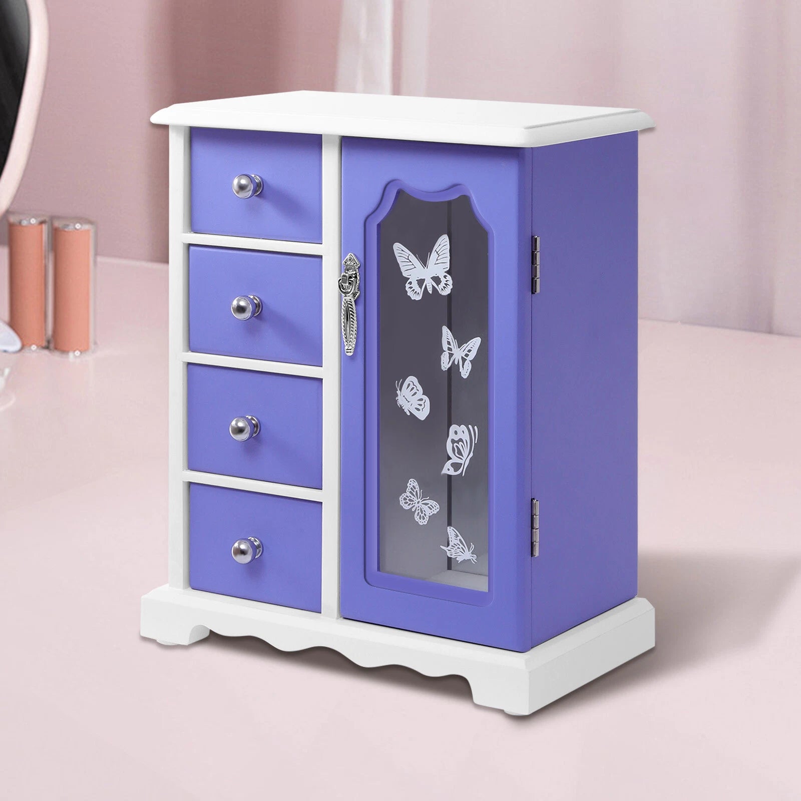 Jewelry Box Bracelets Rings Storage Organizer 4 Drawers Purple w/Built-in Mirror | eBay