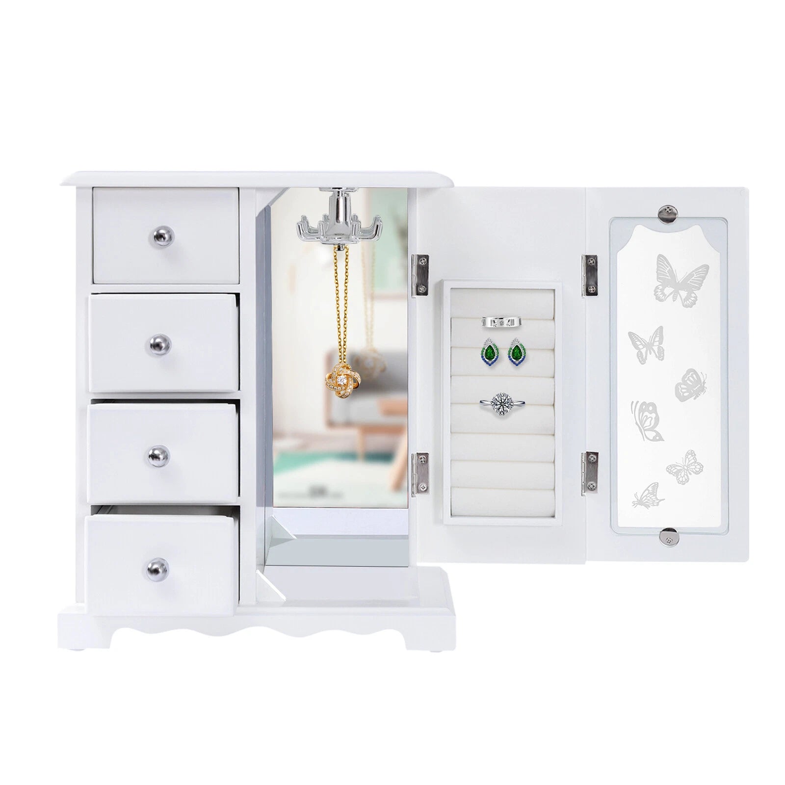 Jewelry Box Organizer Case Wooden with 4 Drawers Gift for Girls or Women White | eBay