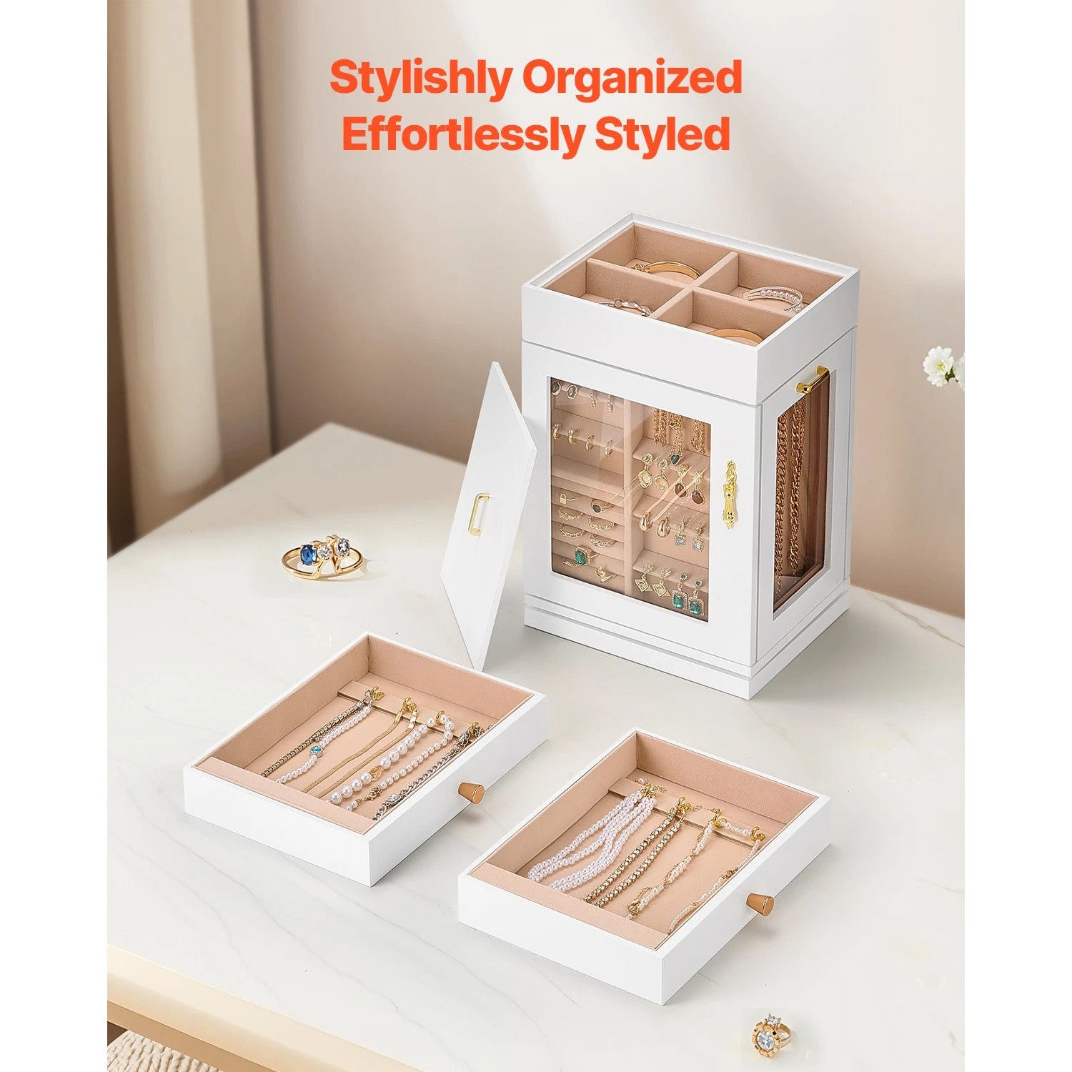 Jewelry Box 360° Rotating Jewelry Organizer with Built-in 4 Necklace Hooks White | eBay