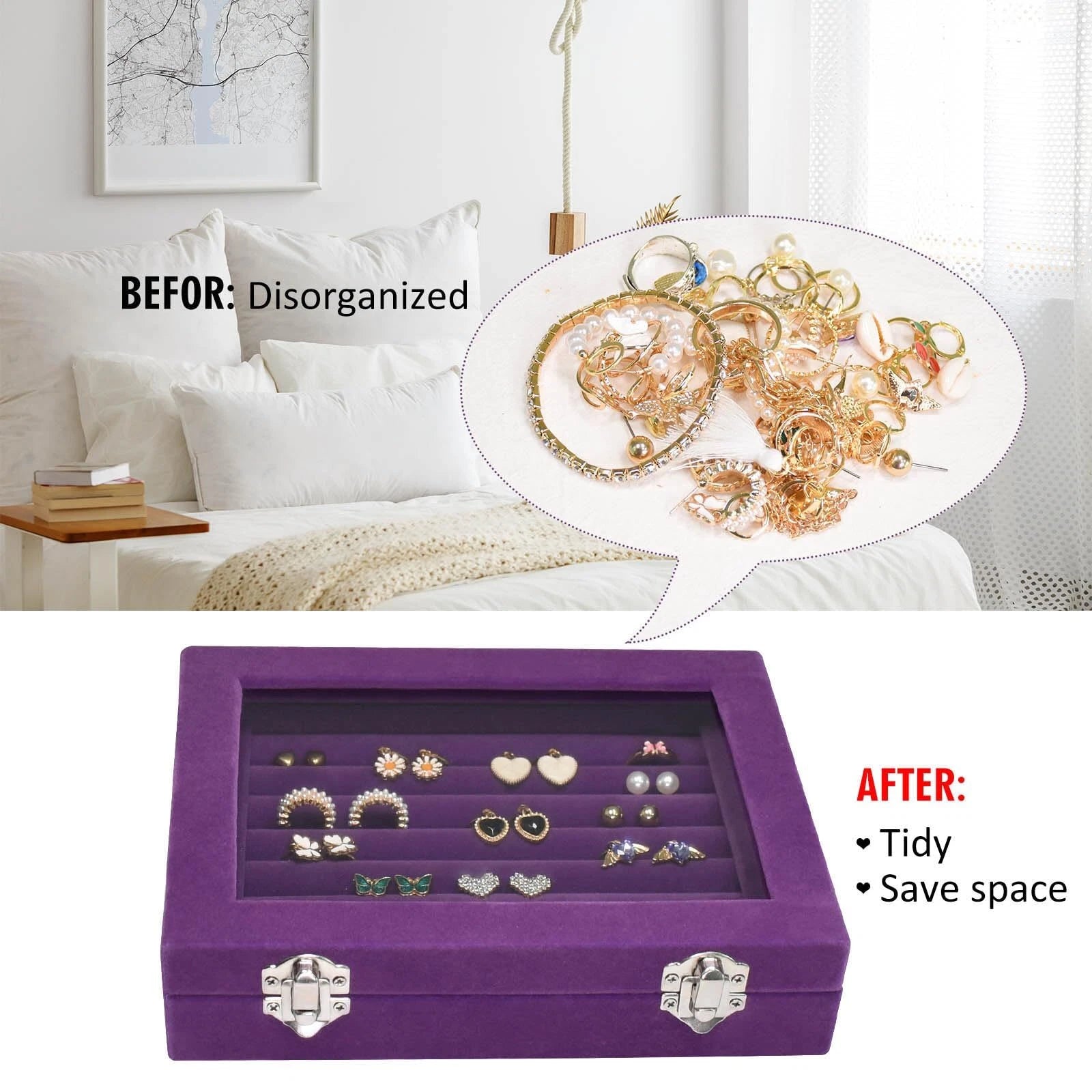 Rings Organizer Tray 7 Slots Velvet Jewelry Earring Storage Box with Transpar... | eBay