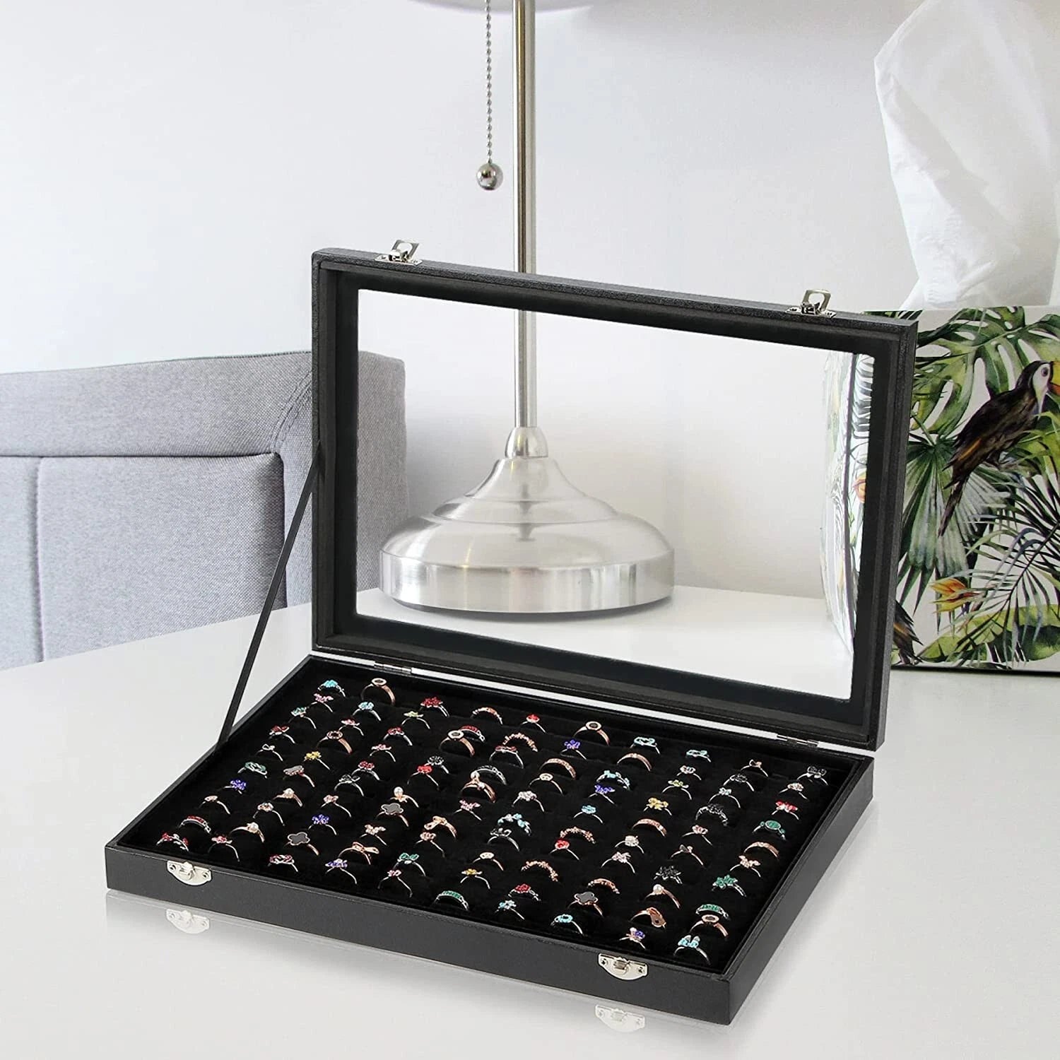 Black 100 Slots Ring Organizer Box,Ring Display Case Storage Boxes with Glass | eBay