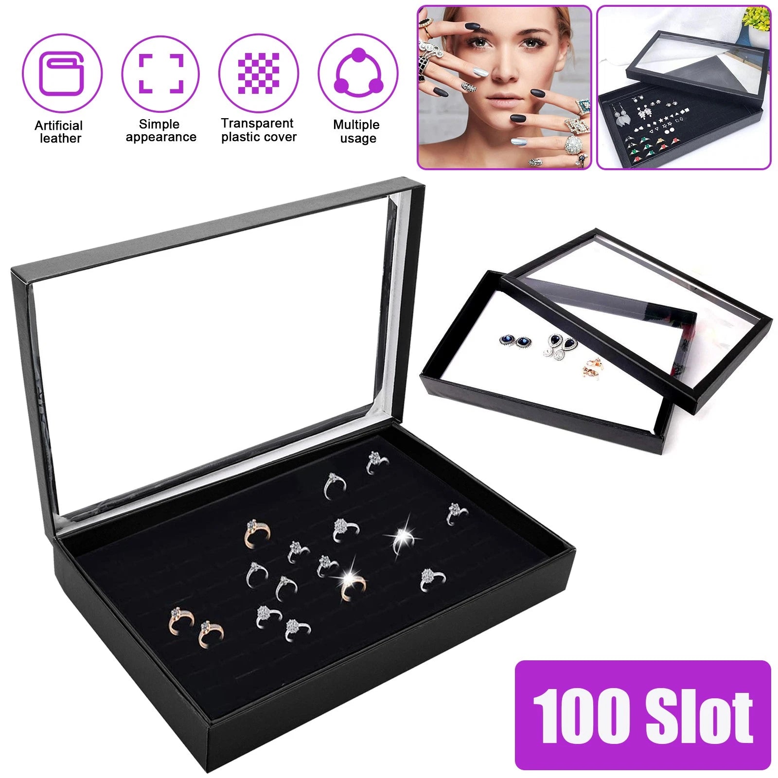 100 Slots Jewelry Rings Display Organizer Case Tray Holder Earrings Storage Box | eBay