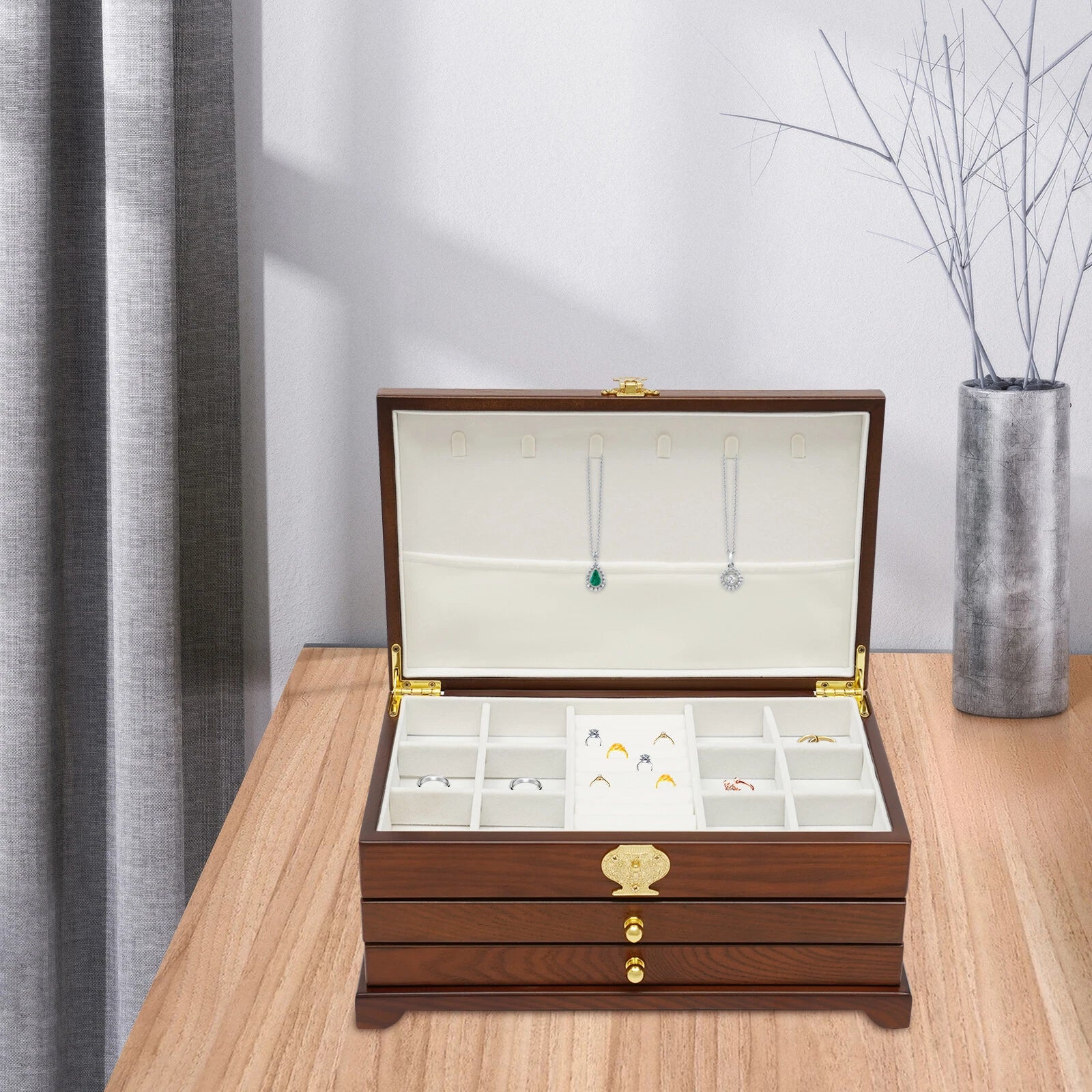 Large Wooden Jewelry Storage Box 3 Layers Organizer 2 Drawers Cabinet | eBay
