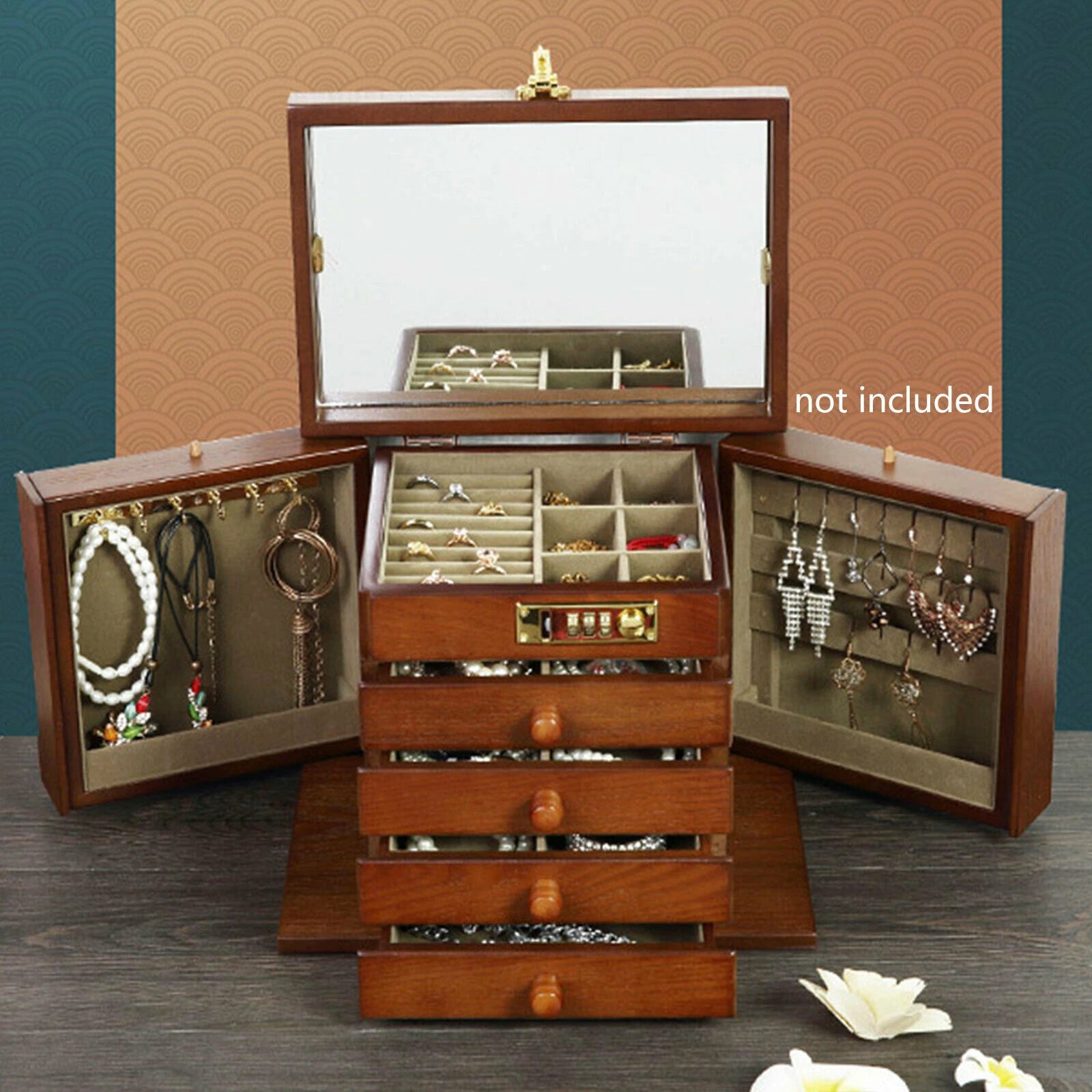 5 Layers Vintage Large Jewelry Organizer Wooden Storage Box Case with 4 Drawers | eBay