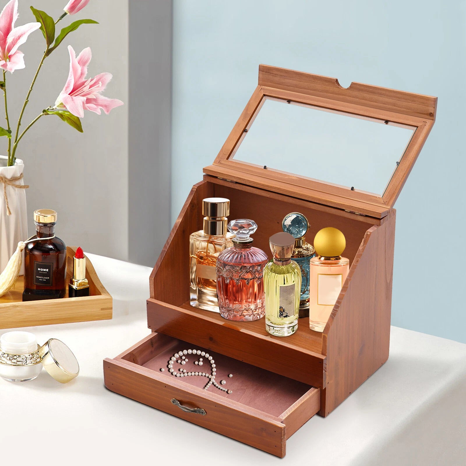 Perfume Organizer Wood Jewelry Storage Box Perfume Display Stand with Drawer | eBay