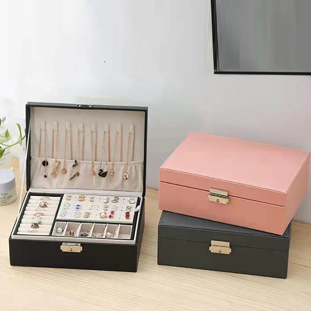 JEWELRY BOX 2-LAYER ORGANIZER CASE LARGE STORAGE NECKLACE RING LEATHER BRAND NEW | eBay